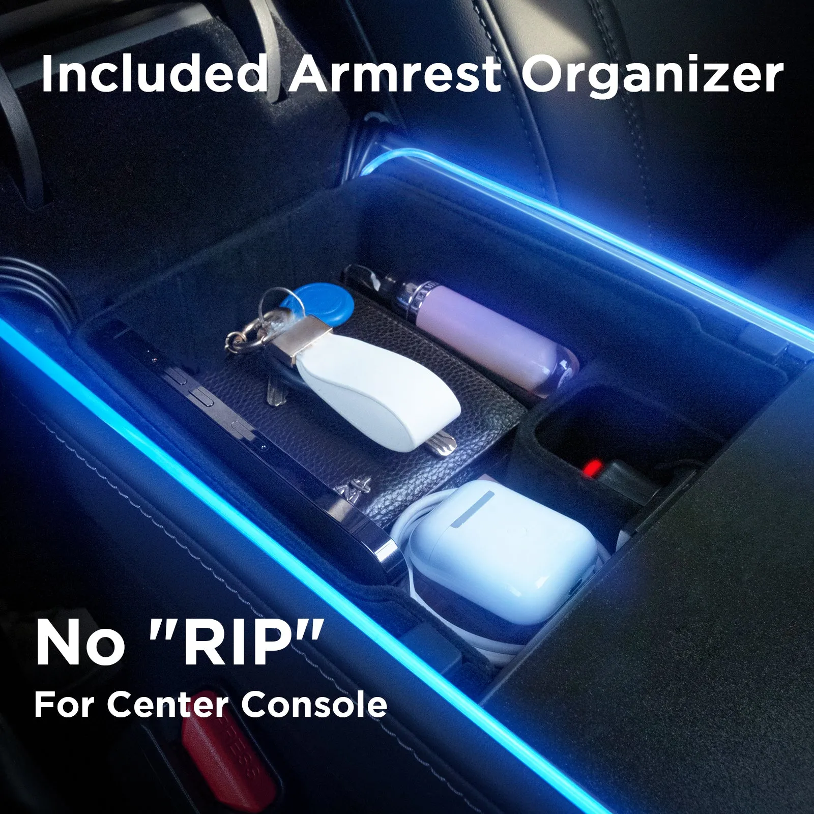 3Nestour 2016-2020 Tesla Model 3 Y Interior Car Neon Lights, (Center Console Dashboard 2 Foot Lights) with Matching Armrest Organizer