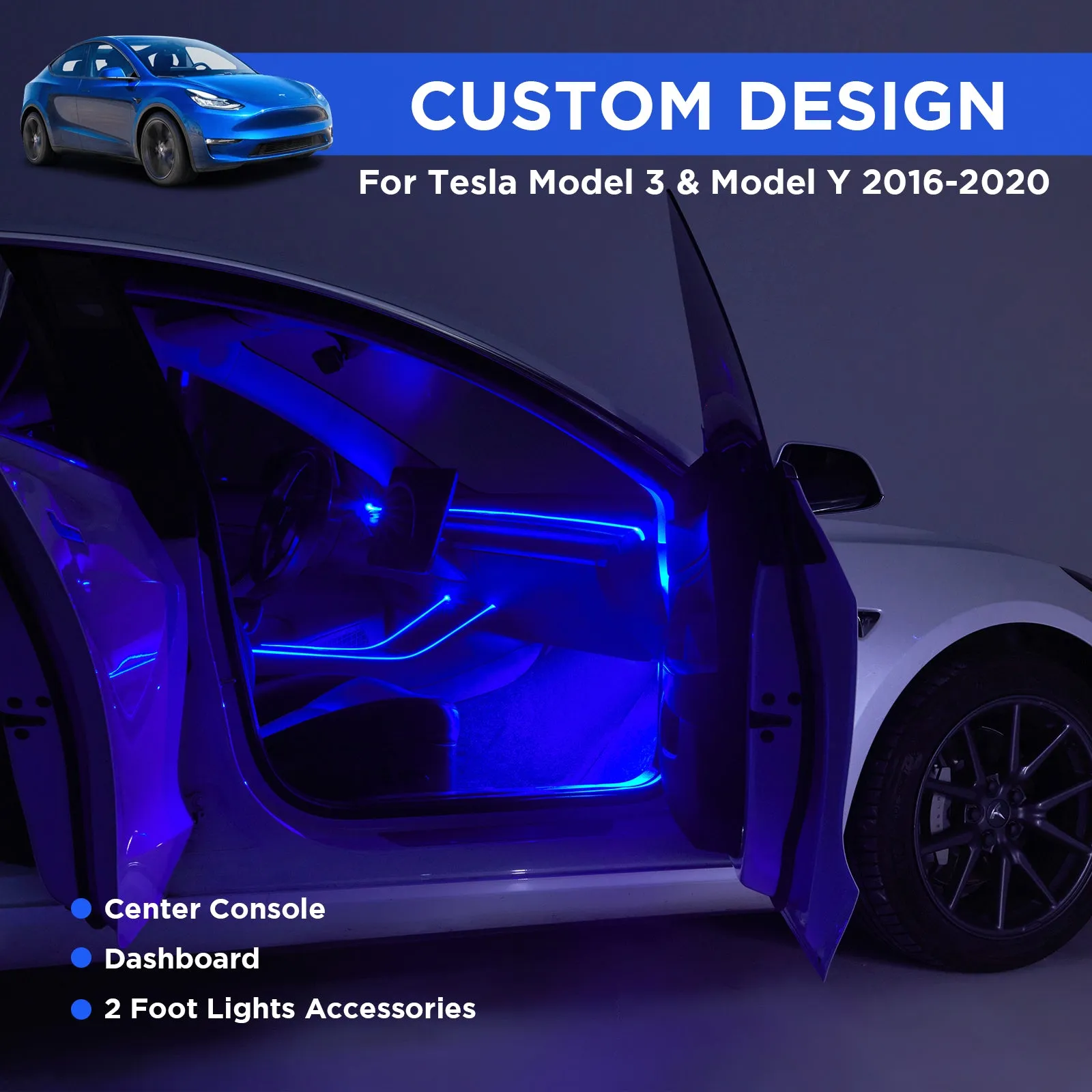 3Nestour 2016-2020 Tesla Model 3 Y Interior Car Neon Lights, (Center Console Dashboard 2 Foot Lights) with Matching Armrest Organizer