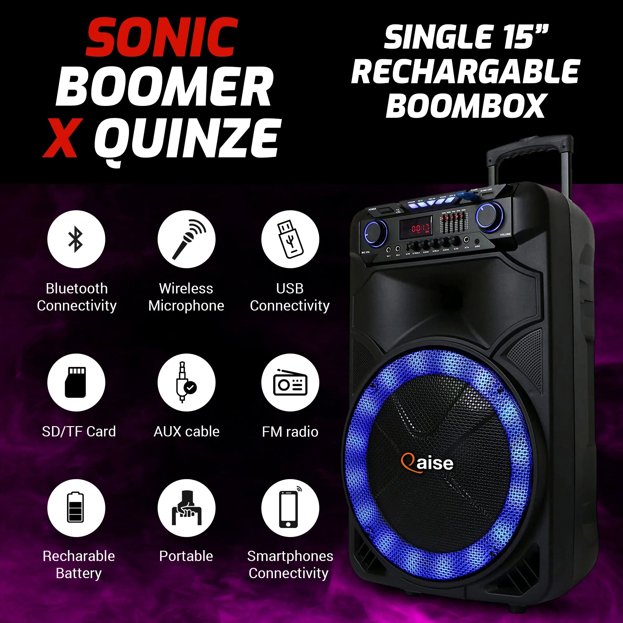4500 Watts Peak Power 15” Portable Bluetooth Party Boombox and Karaoke Machine by Qaise. Includes Light Show, Wireless Microphone, FM Radio