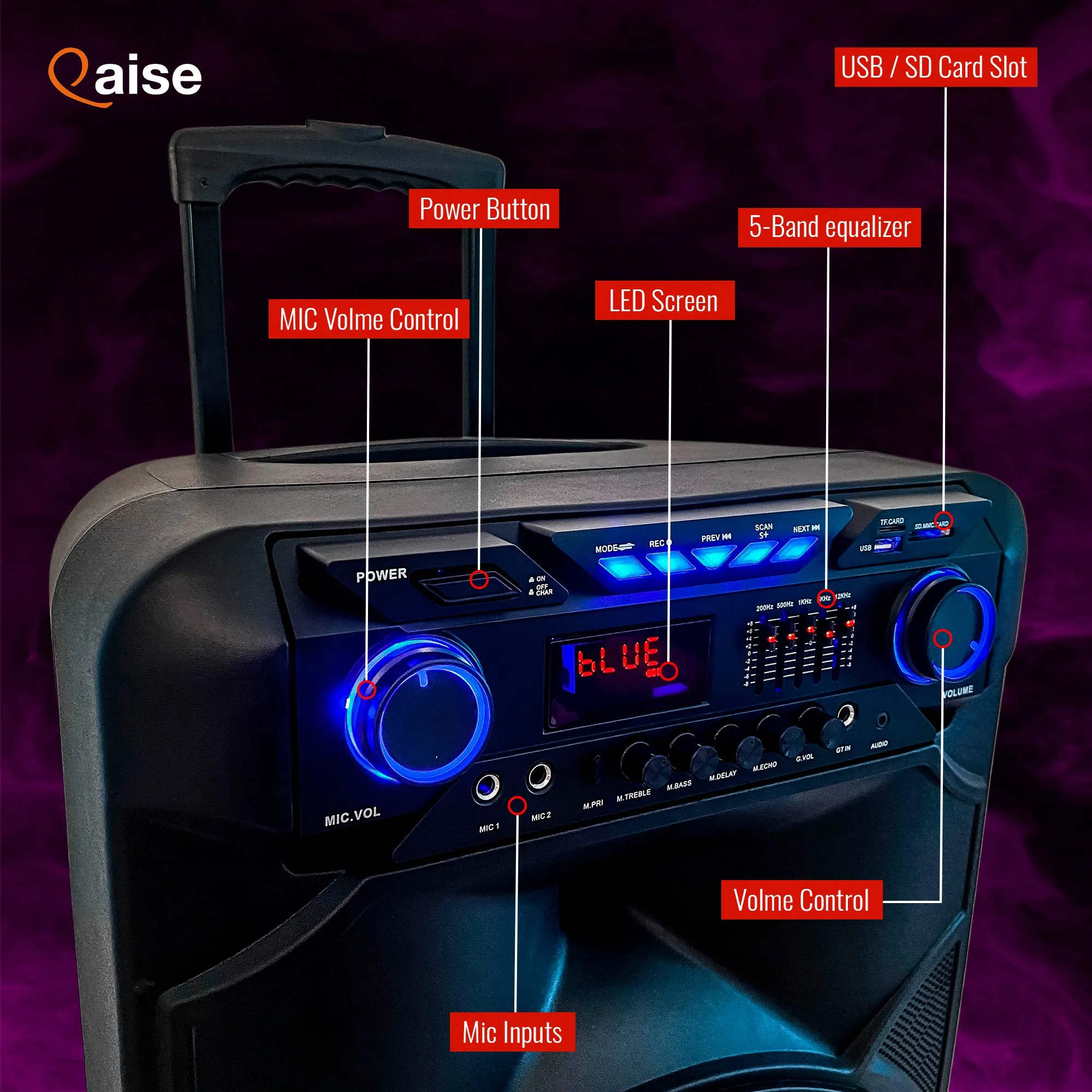 4500 Watts Peak Power 15” Portable Bluetooth Party Boombox and Karaoke Machine by Qaise. Includes Light Show, Wireless Microphone, FM Radio