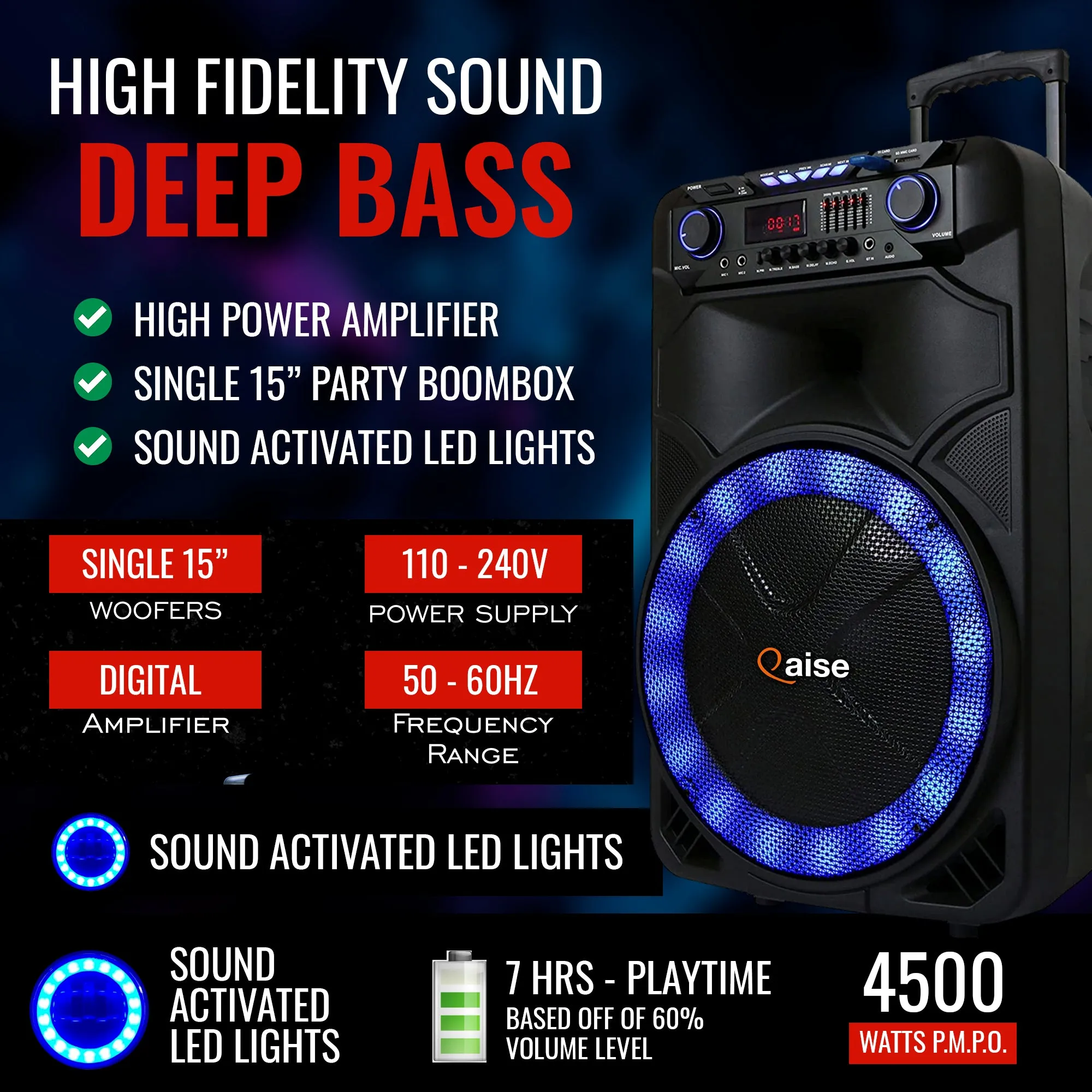 4500 Watts Peak Power 15” Portable Bluetooth Party Boombox and Karaoke Machine by Qaise. Includes Light Show, Wireless Microphone, FM Radio