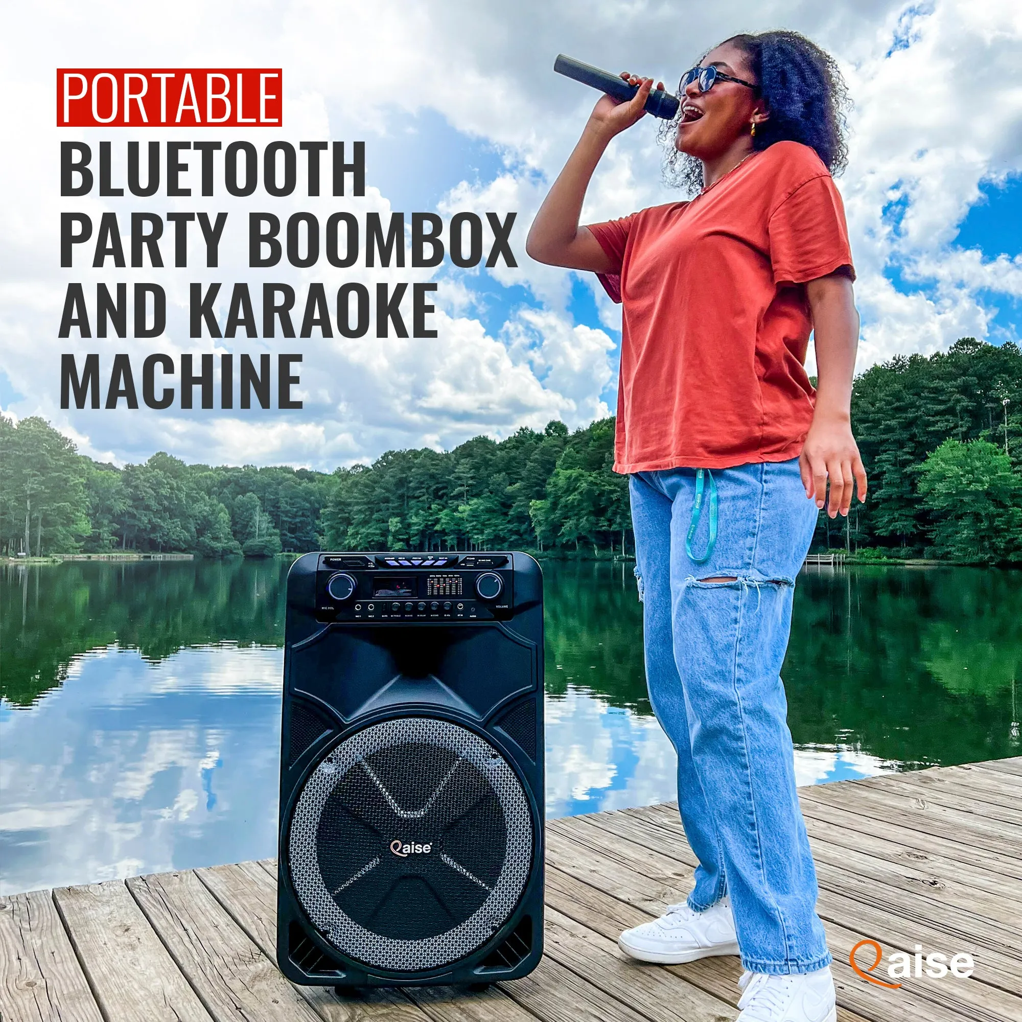 4500 Watts Peak Power 15” Portable Bluetooth Party Boombox and Karaoke Machine by Qaise. Includes Light Show, Wireless Microphone, FM Radio