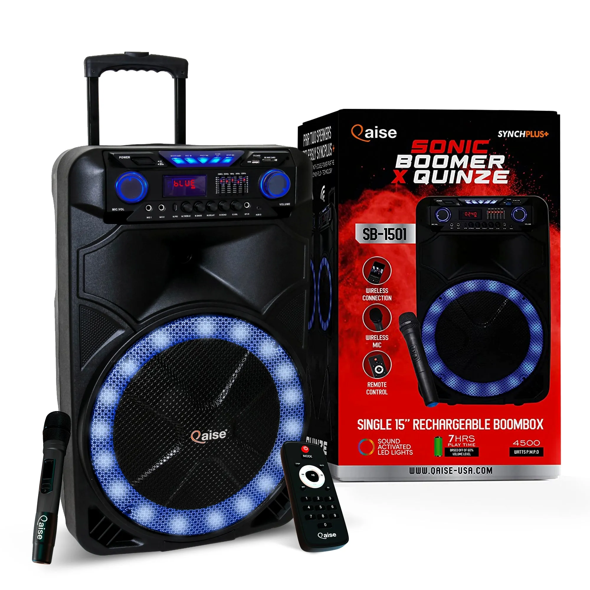 4500 Watts Peak Power 15” Portable Bluetooth Party Boombox and Karaoke Machine by Qaise. Includes Light Show, Wireless Microphone, FM Radio
