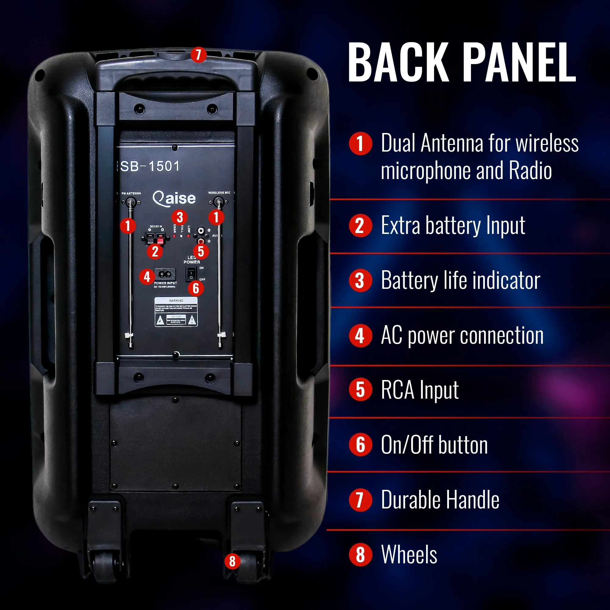 4500 Watts Peak Power 15” Portable Bluetooth Party Boombox and Karaoke Machine by Qaise. Includes Light Show, Wireless Microphone, FM Radio