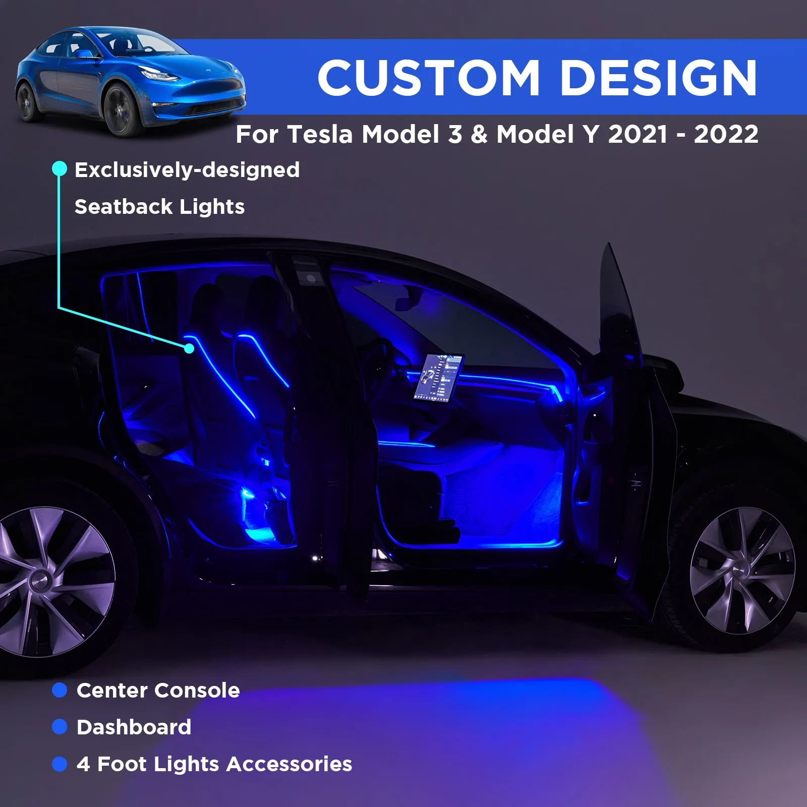 4Nestour 2021 2022 2023 Tesla Model 3 Y Interior Car Neon Lights (Center Console Dashboard Seat Back 4 Foot Lights) with Matching Armrest Organizer