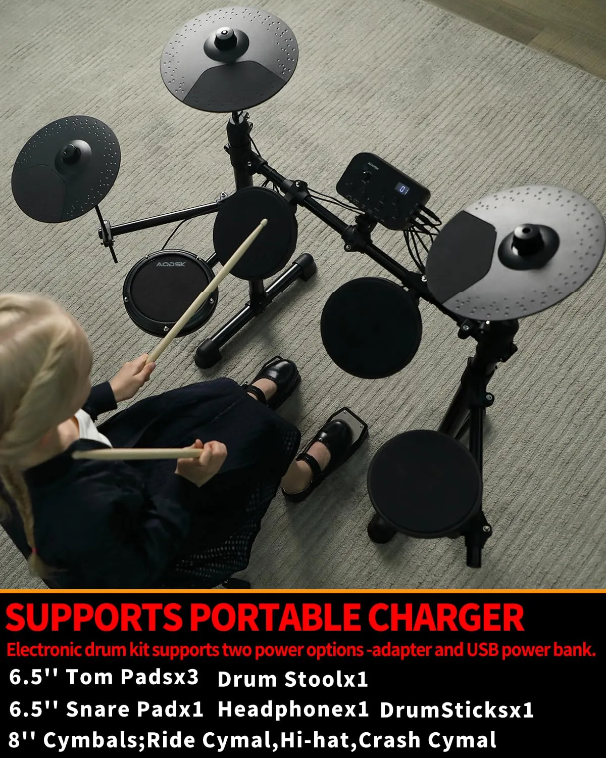 AODSK Electronic Drum Set,Electric Drum Set for Beginner with 150 Sounds,Drum Set With 4 Quiet Electric Drum Pads,2 Switch Pedal,Drum Throne,Drumsticks,On-Ear Headphones - AED-400