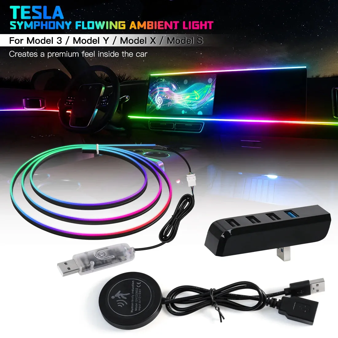 Car Ambient Lights RGB LED USB Expansion with APP & Remote Control