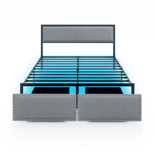 Full/Queen/Twin Size Bed Frame with LED Lights Drawer and Metal Slats-Queen Size