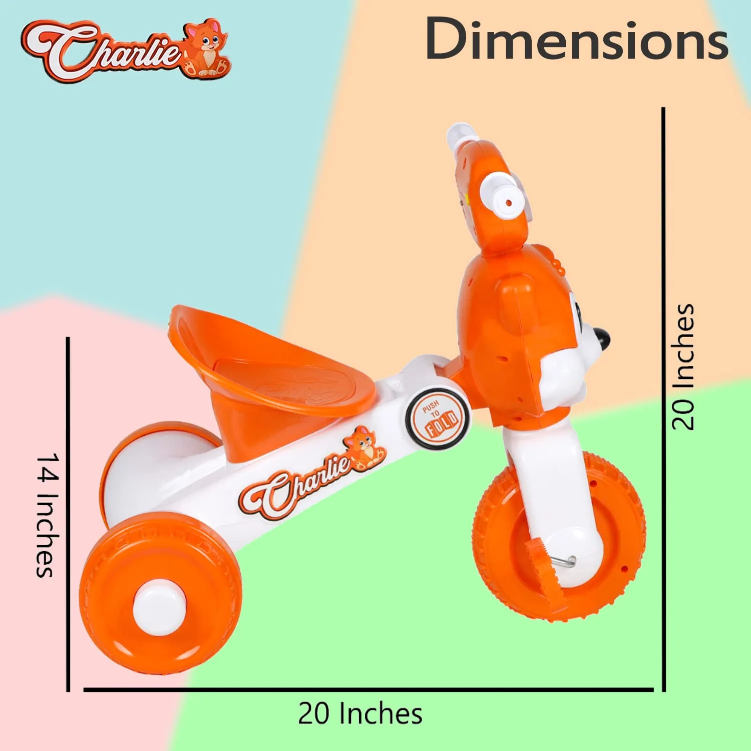 Fun Ride Tricycle for Kids with Music and Lights - Charlie Foldable Baby Tricycles - Trikes for Boys and Girls 18-36 Months - (Weight - Upto 18 Kg),Orange
