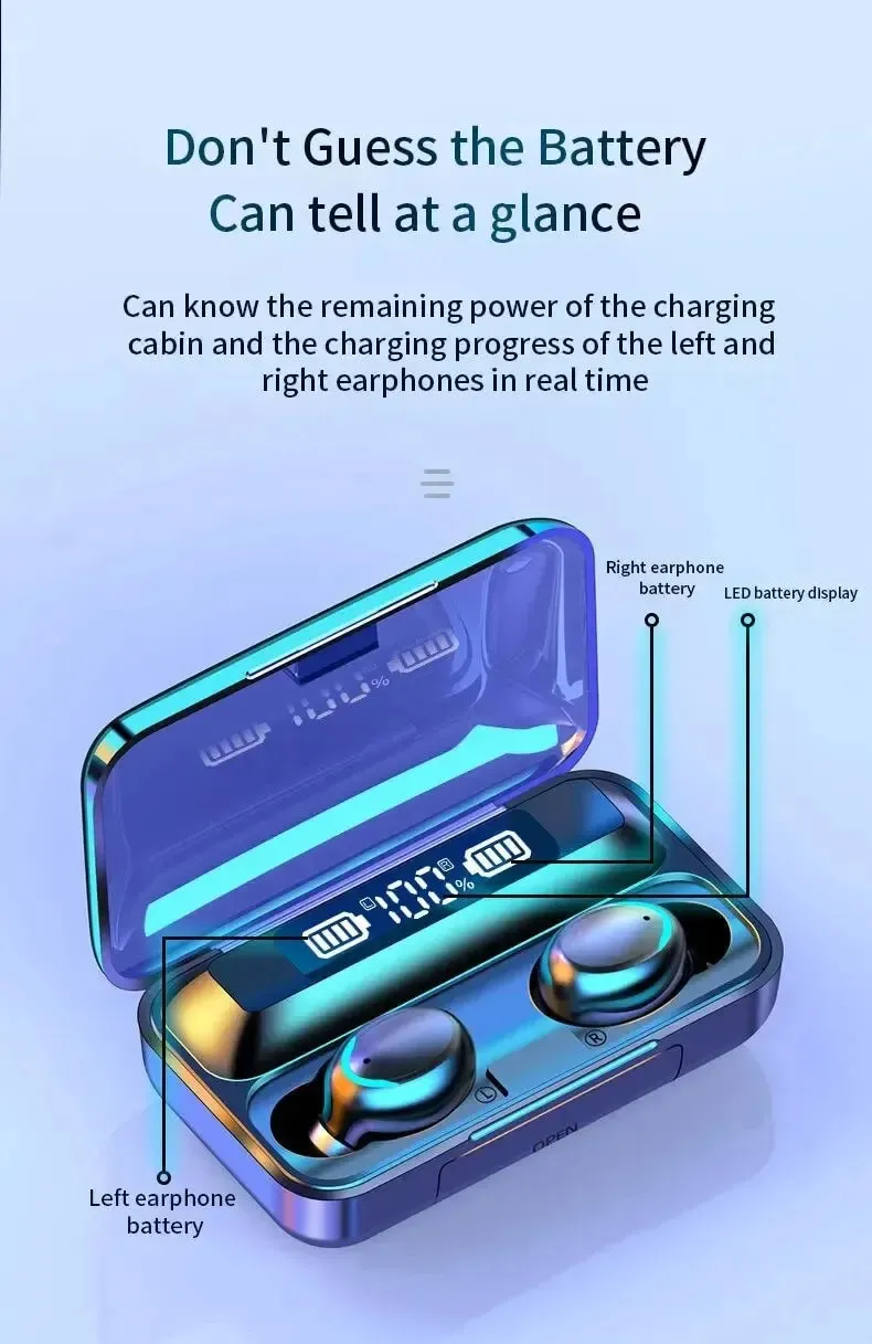 Gadgets / Comm: Wireless Bluetooth Headphones. Waterproof.  Digital Display Large Capacity Charging Case.
