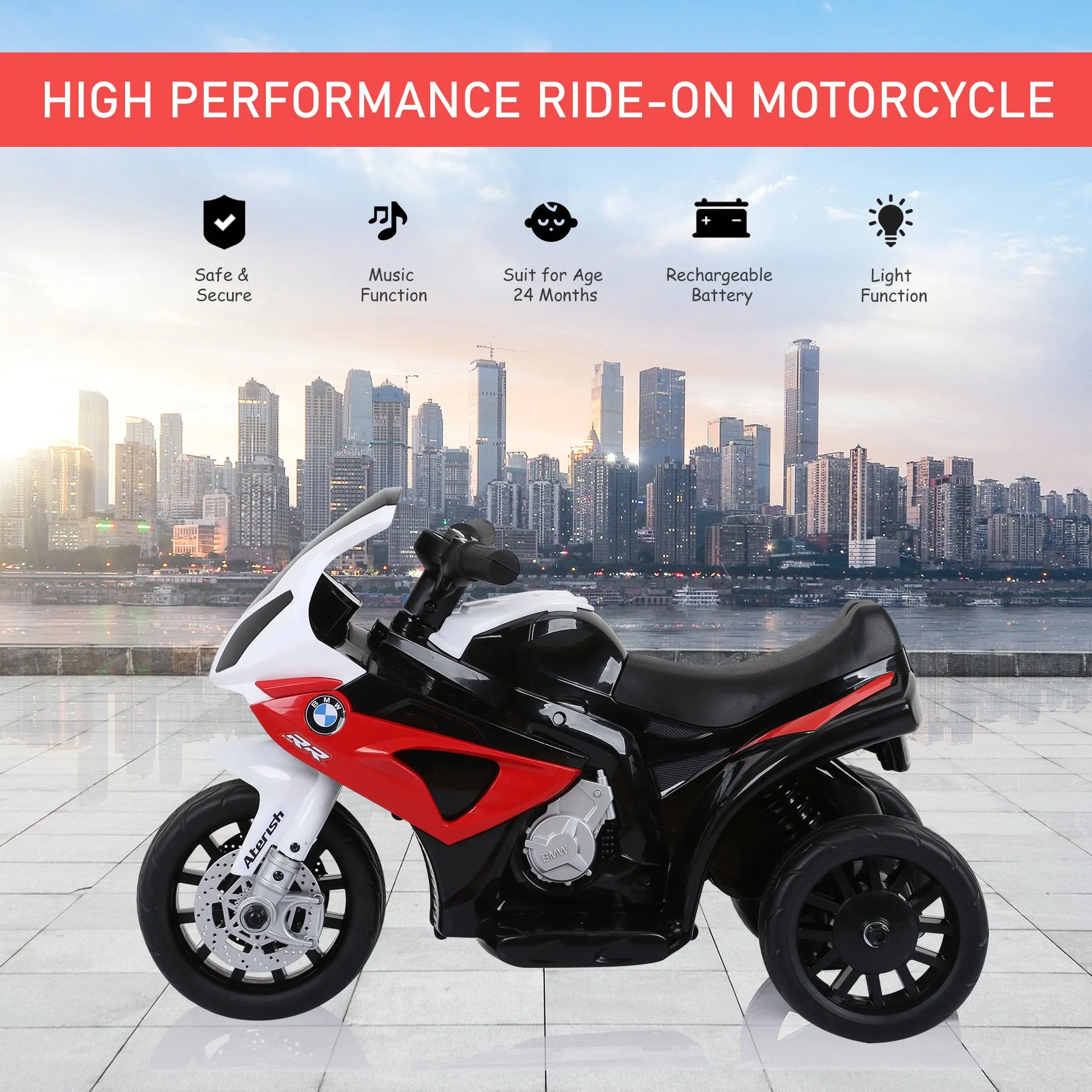 HOMCOM Red Kids Electric Ride on Motorcycle BMW S1000RR with Headlights Music