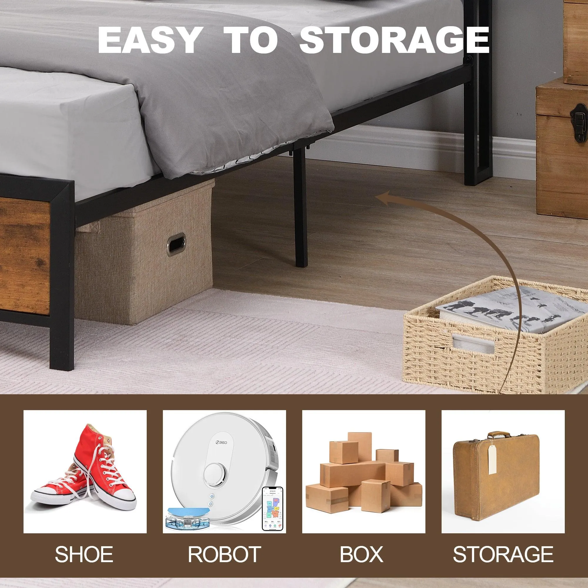 Industrial Queen Bed Frame with LED Lights and 2 USB Ports, Bed Frame Queen Size withStorage, Noise Free, No Box Spring Needed, Rustic Brown