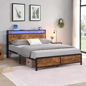 Industrial Queen Bed Frame with LED Lights and 2 USB Ports, Bed Frame Queen Size withStorage, Noise Free, No Box Spring Needed, Rustic Brown