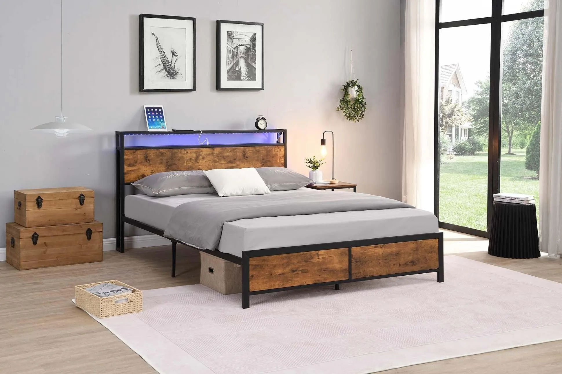 Industrial Queen Bed Frame with LED Lights and 2 USB Ports, Bed Frame Queen Size withStorage, Noise Free, No Box Spring Needed, Rustic Brown