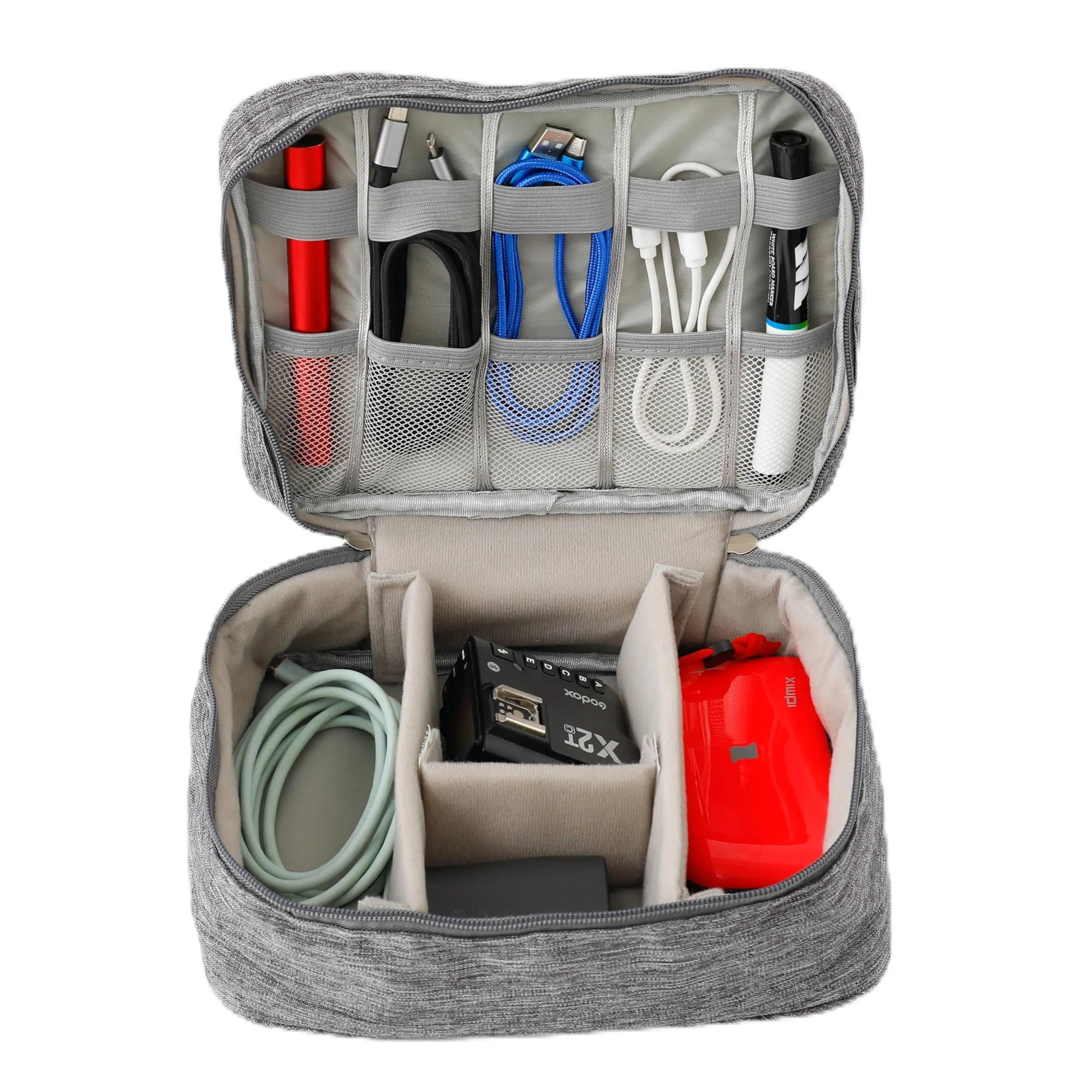 Kuber Industries Travel Organizer For Electronic Accessories|Multipurpose Pouch|Adapter, Cable, Gadget Organizer|Two Comparment With Zipper|Great For Traveling (Grey)