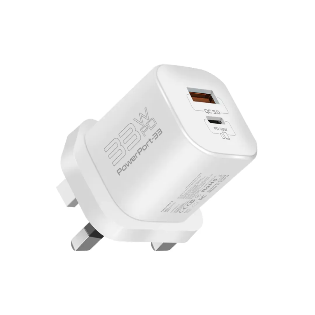 Promate 33W Gan Charger | Round Pin Dual Port Fast QC PD Adapter with Qualcomm Quick Charge | Compatible with iPhone 15, 15 Pro, 15 Pro Max, 14,13,12,11, iPad, Samsung, OnePlus,  PowerPort-33