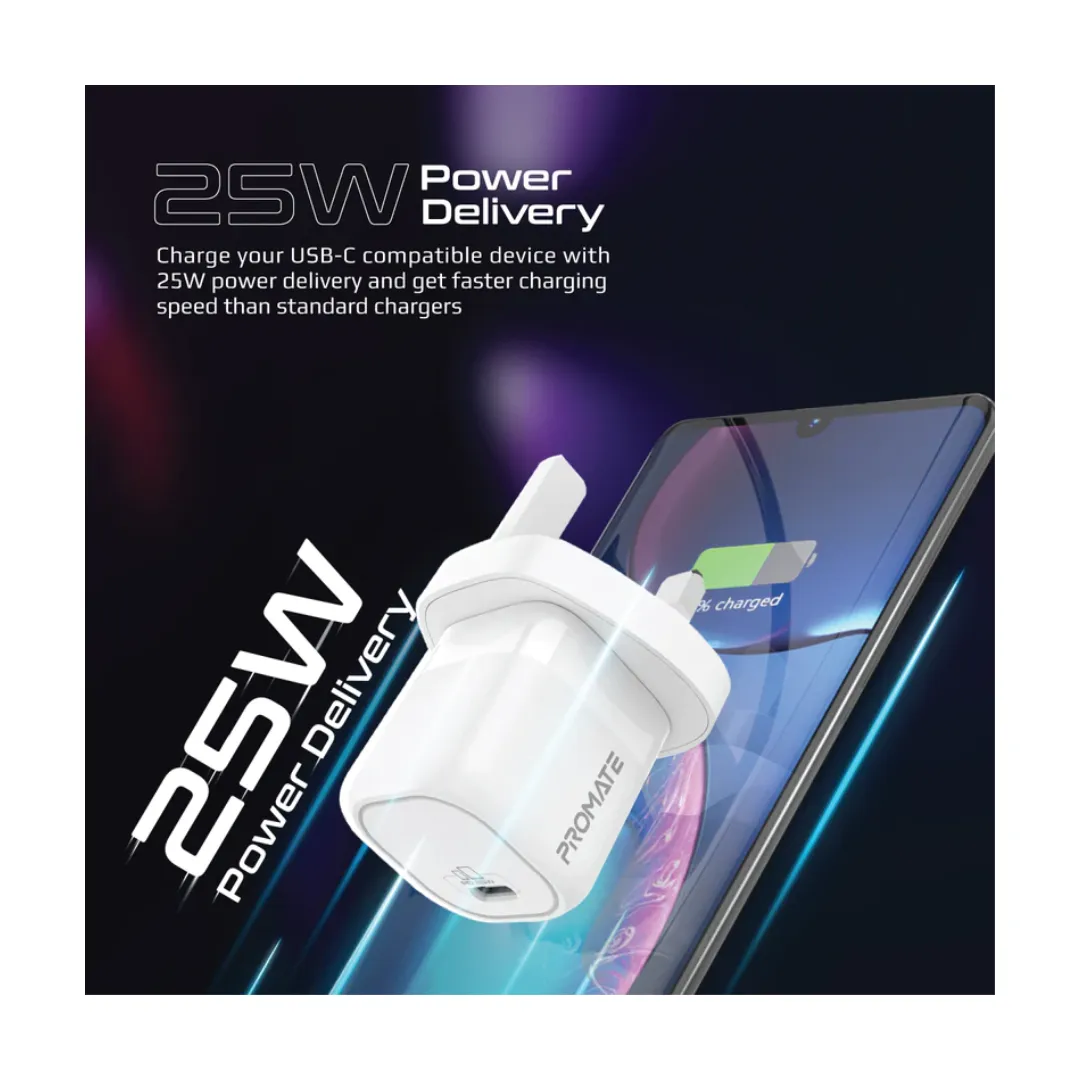 Promate Wall Charger Travel Adapter 25W Pd 18W Qc Quick Charge(USB A USB C) Wall Charger Travel Adapter for Samsung Ipad,Note,Oneplus&iPhone 14/13/12/11|Type-C to C Power Delivery Fast Charging