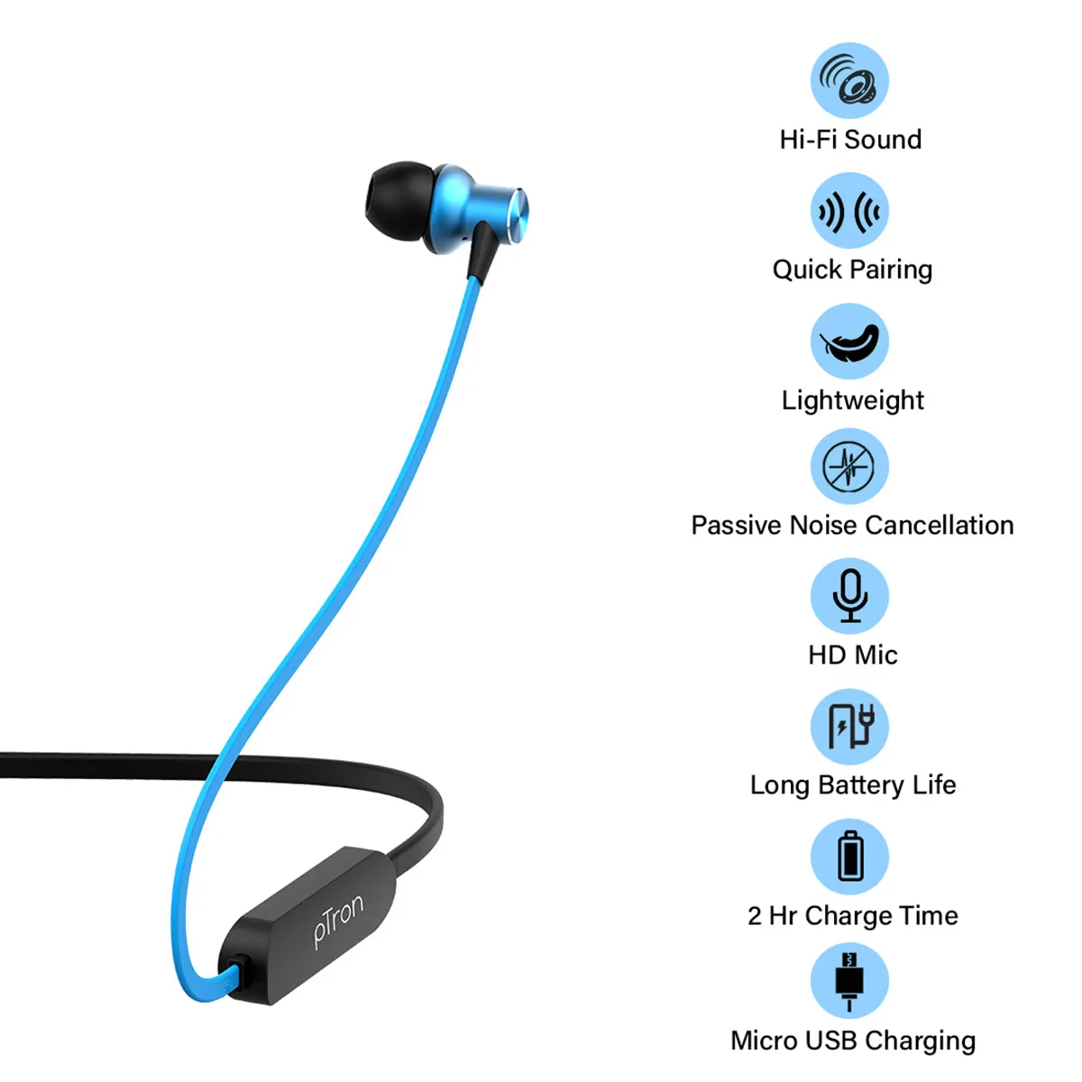 pTron Avento Classic Bluetooth 5.0 Wireless Earphones with Deep Bass & Voice Assistance (Black/Blue)