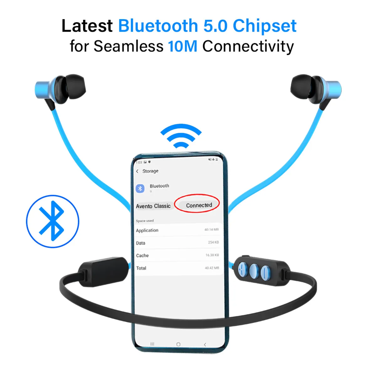 pTron Avento Classic Bluetooth 5.0 Wireless Earphones with Deep Bass & Voice Assistance (Black/Blue)