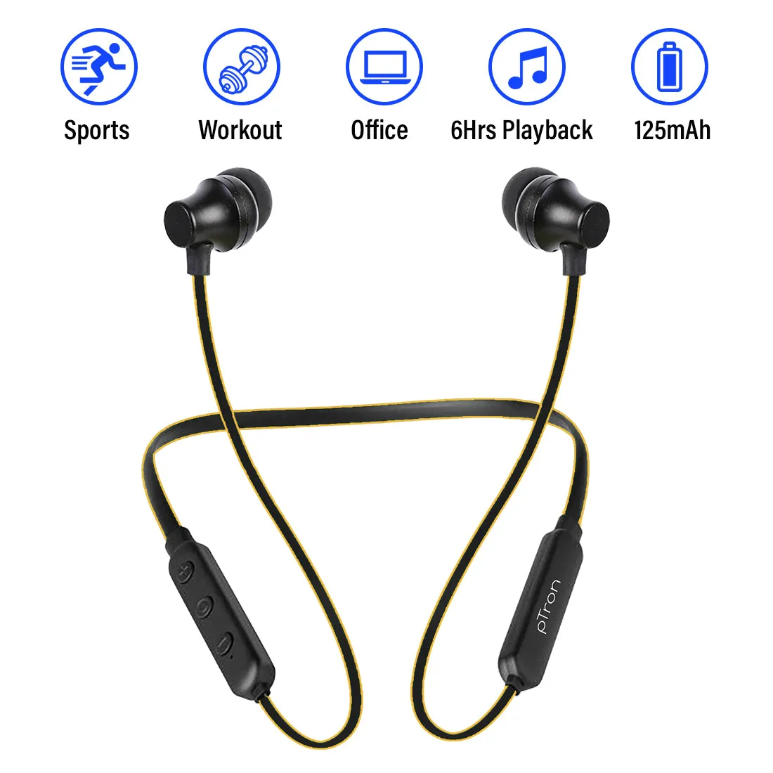 pTron InTunes Lite High Bass In-Ear Wireless Headphones With Mic - (Black/Yellow)