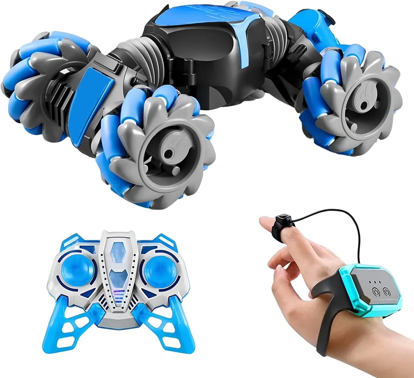 RC Stunt Car, Blue: Gesture Remote Control, Lights, Music, 360° Flips, Tail Spray - Exciting Hand-Controlled Gift for 8-12 Year-olds on Birthdays, Holidays, Christmas
