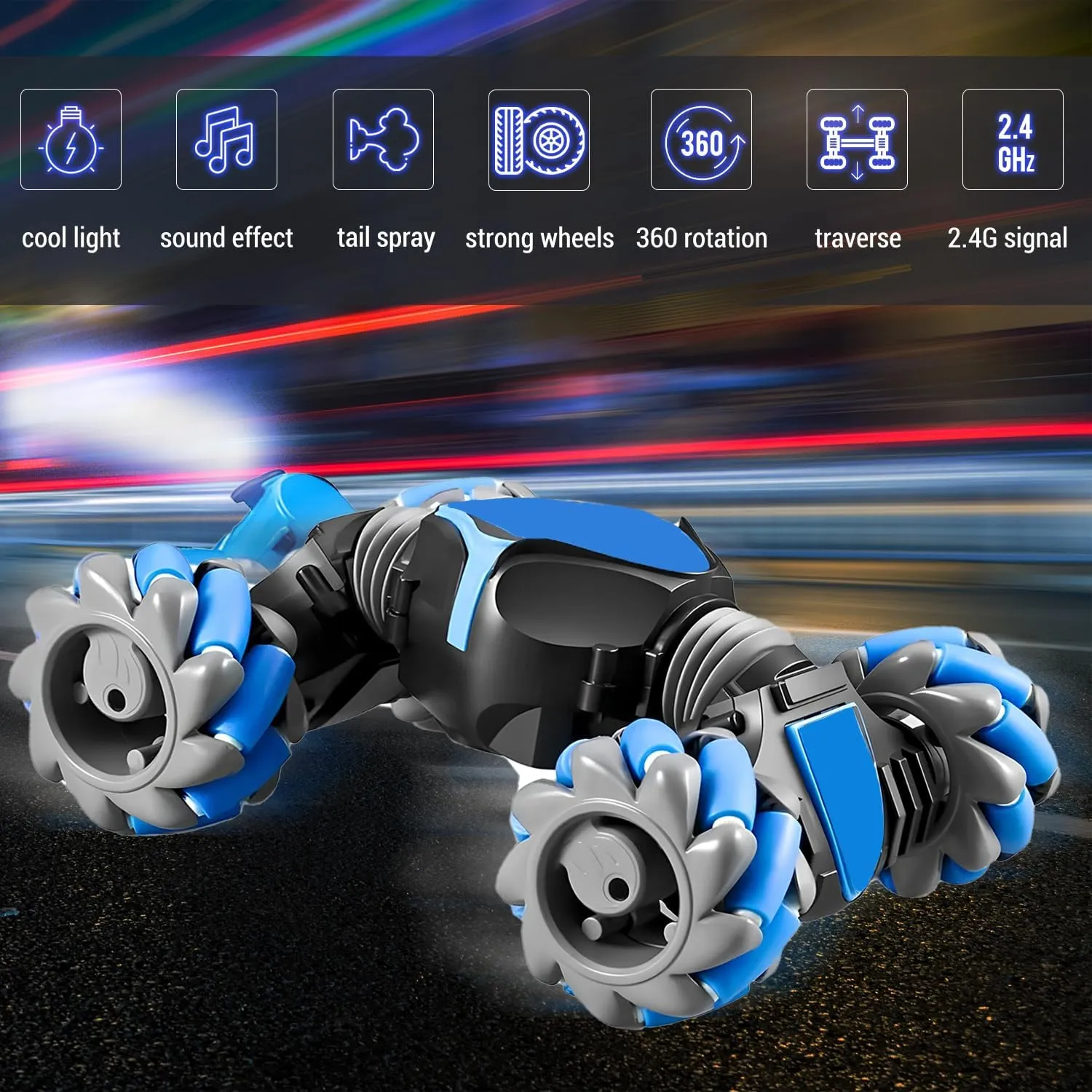 RC Stunt Car, Blue: Gesture Remote Control, Lights, Music, 360° Flips, Tail Spray - Exciting Hand-Controlled Gift for 8-12 Year-olds on Birthdays, Holidays, Christmas