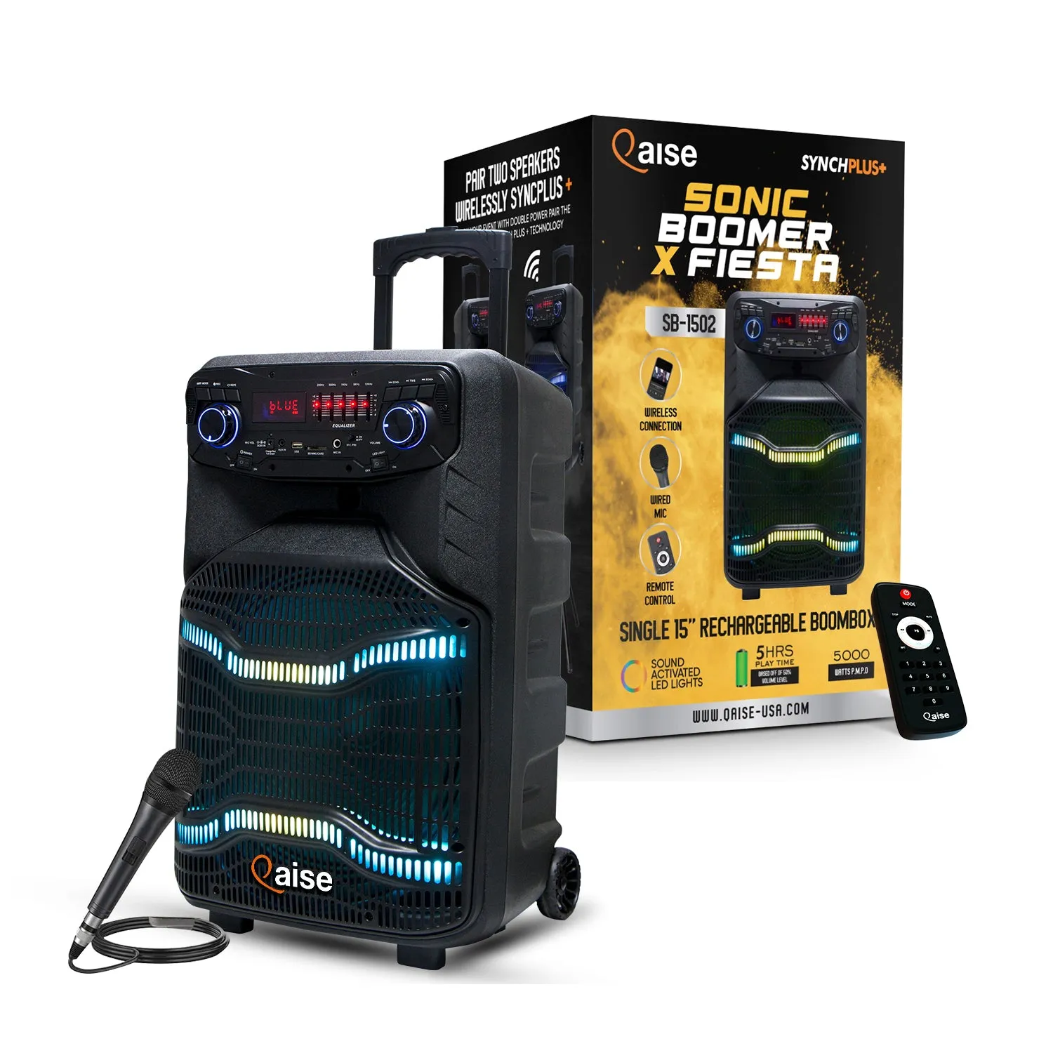 SB-1502 SonicBoomer X Fiesta Bluetooth Party box speaker, 15" Woofer, Karaoke, LED Lights, FM Radio, Mic, Remote Control