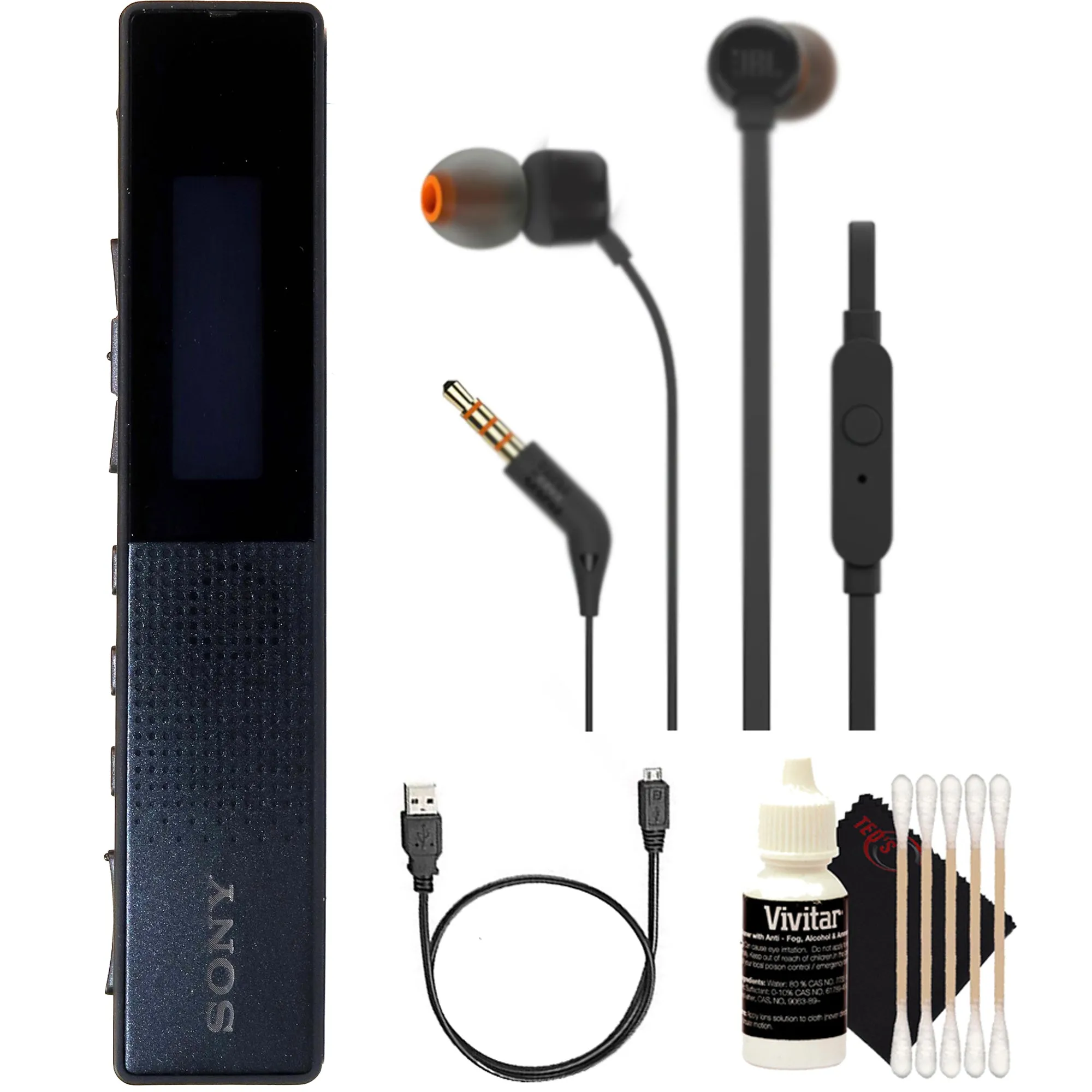 Sony TX660 Digital Voice Recorder   JBL T110 in Ear Headphones and Cleaning Kit